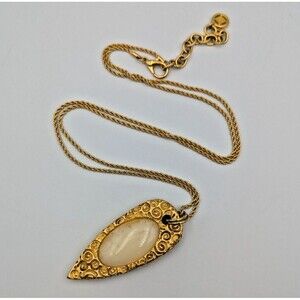 Vintage Givenchy Gold Tone Statement Art Glass Cabochon Pendant Necklace 32"